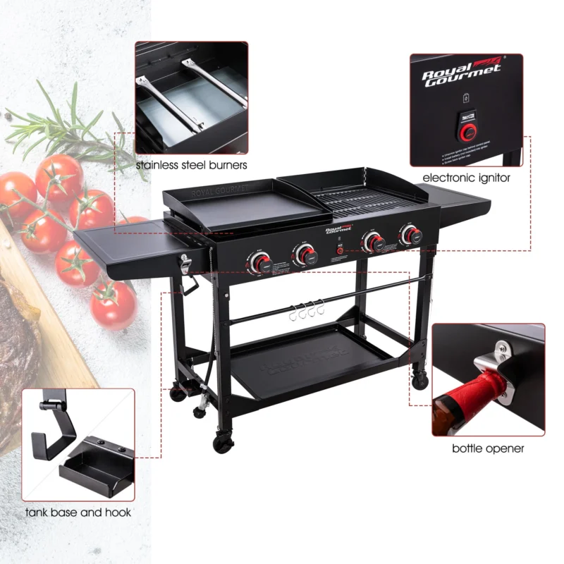 Royal Gourmet 4-Burner GD402 Portable Flat Top Gas Grill and Griddle Combo with Folding Legs, 48,000 BTU, Black - Image 4