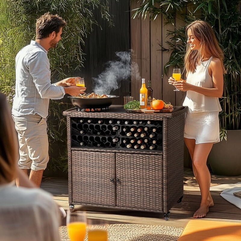 Brown Outdoor Bar Cart with Storage - Wicker Patio Buffet Cabinet on Wheels, for Indoor & Outdoor Use - Image 3