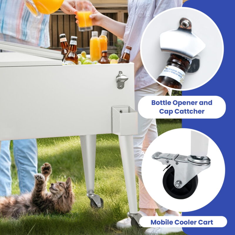Uforic 80 Quart Rolling Ice Chest Cooler Cart,Outdoor Portable Beverage Cart with Bottle Opener & Drain, White - Image 7