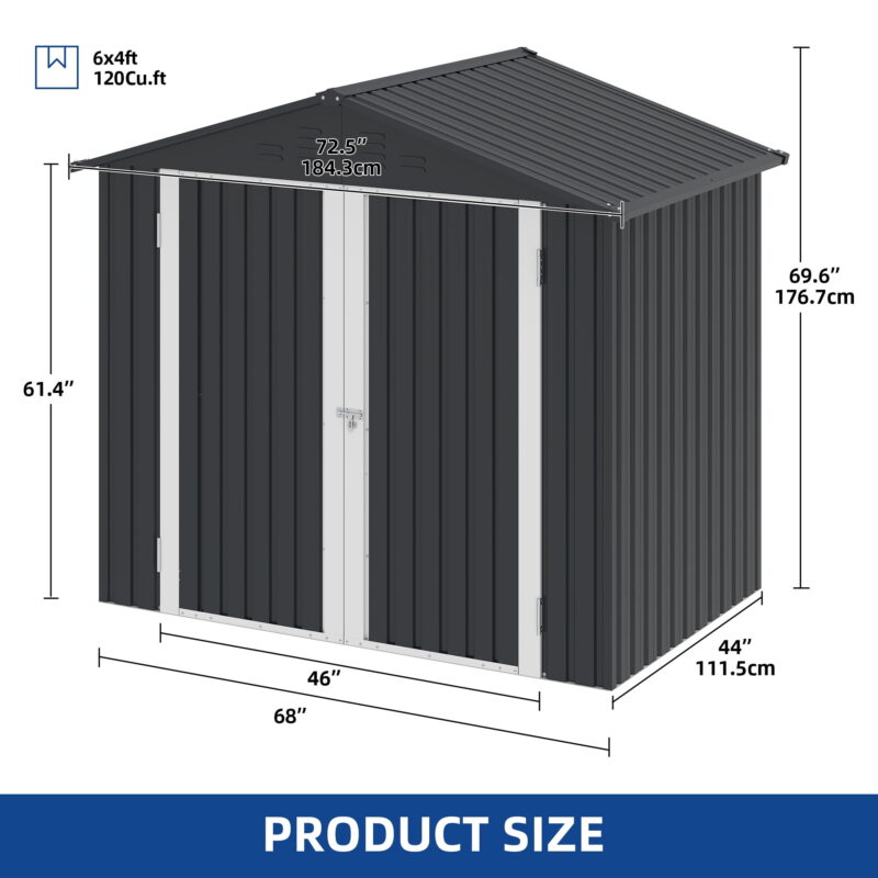 Uforic 6 Ft x 4 Ft Outdoor Tool Shed with Air Vents & Lockable Doors for Bikes & Tools, Dark Gray - Image 6
