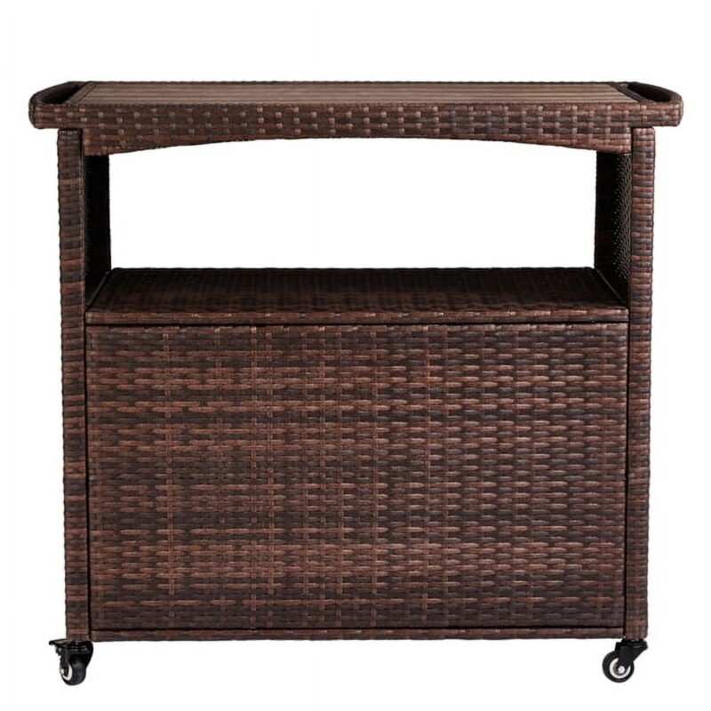 Brown Outdoor Bar Cart with Storage - Wicker Patio Buffet Cabinet on Wheels, for Indoor & Outdoor Use - Image 5