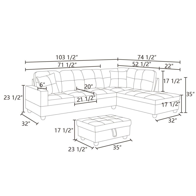 Hommoo Lint &PVC Sectional Sofa Couch Living Room Furniture Sets, Modern L Shaped Sectional Sofa Set, Brown(No Ottoman) - Image 3