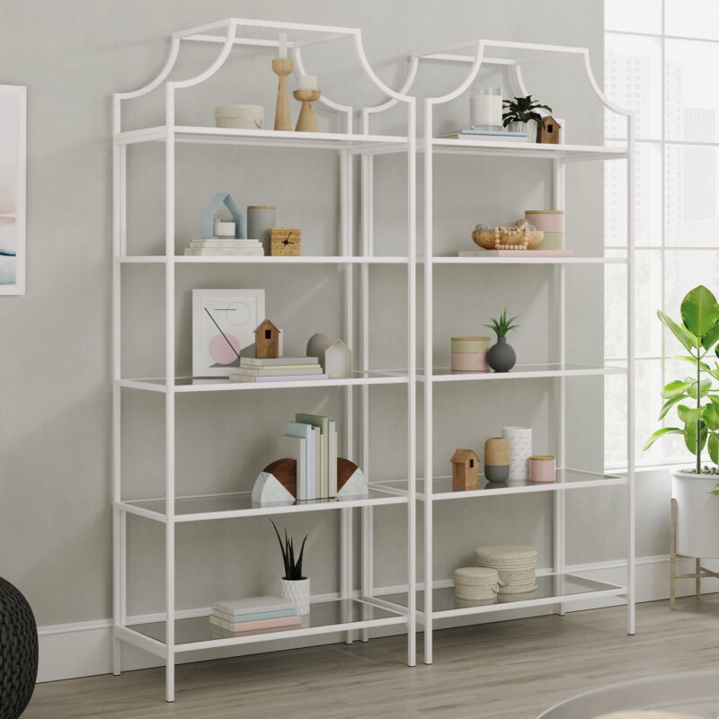 Sauder Anda Norr 5-Shelf Metal Framed Glass Bookcase, White Finish - Image 3