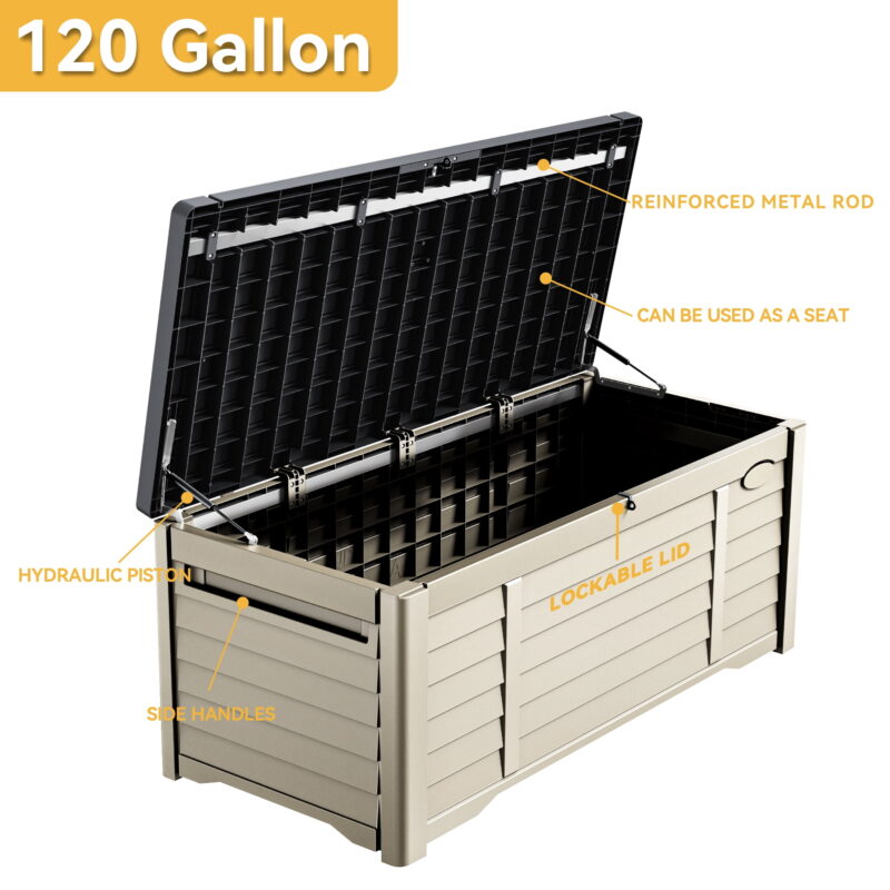 Dextrus Outdoor Waterproof 120 Gallon Resin Deck Box, Black & Brown - Image 2