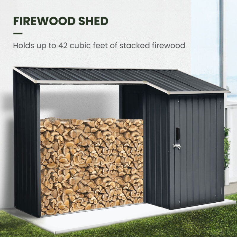 2-in-1 Galvanized Steel Multipurpose Shed, 9-Sq.Ft. Lockable Tool Storage, 42-Cu.Ft. Firewood Rack, Dark Gray - Image 6