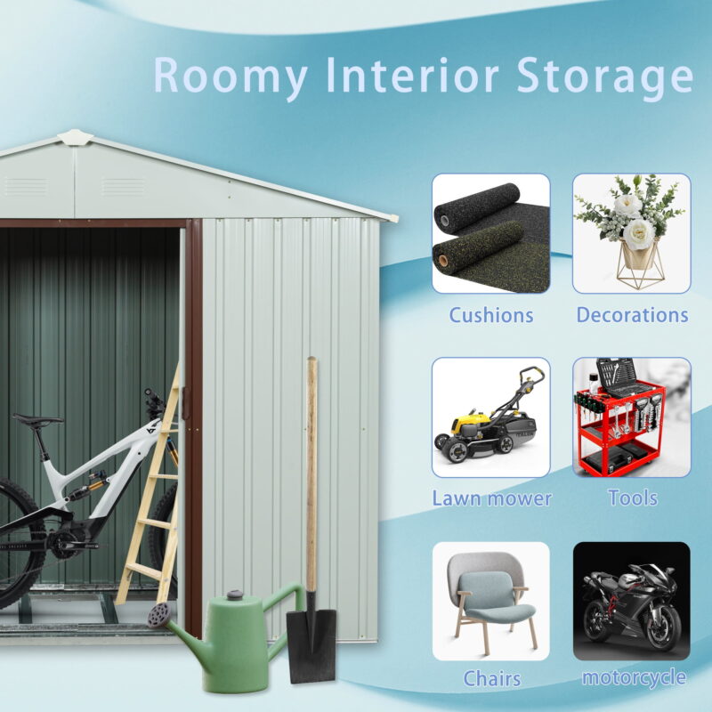 AENKYO 8ft x 4ft Outdoor Storage Shed,Galvanized Steel Storage Cabinet with Lockable Door for Backyard, Patio, Lawn-White - Image 5