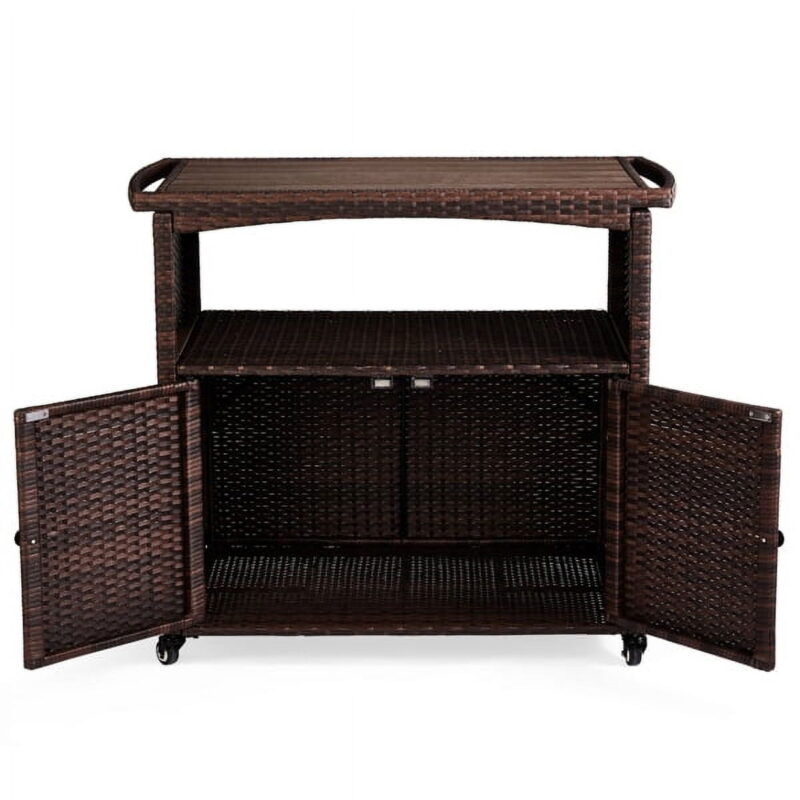 Brown Outdoor Bar Cart with Storage - Wicker Patio Buffet Cabinet on Wheels, for Indoor & Outdoor Use - Image 4