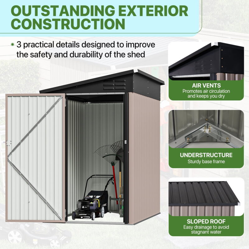 BaPiPro 6 x 4 ft Lean to Storage Shed, Outdoor Metal Storage Cabinet with Vent for Patio, Brown - Image 3