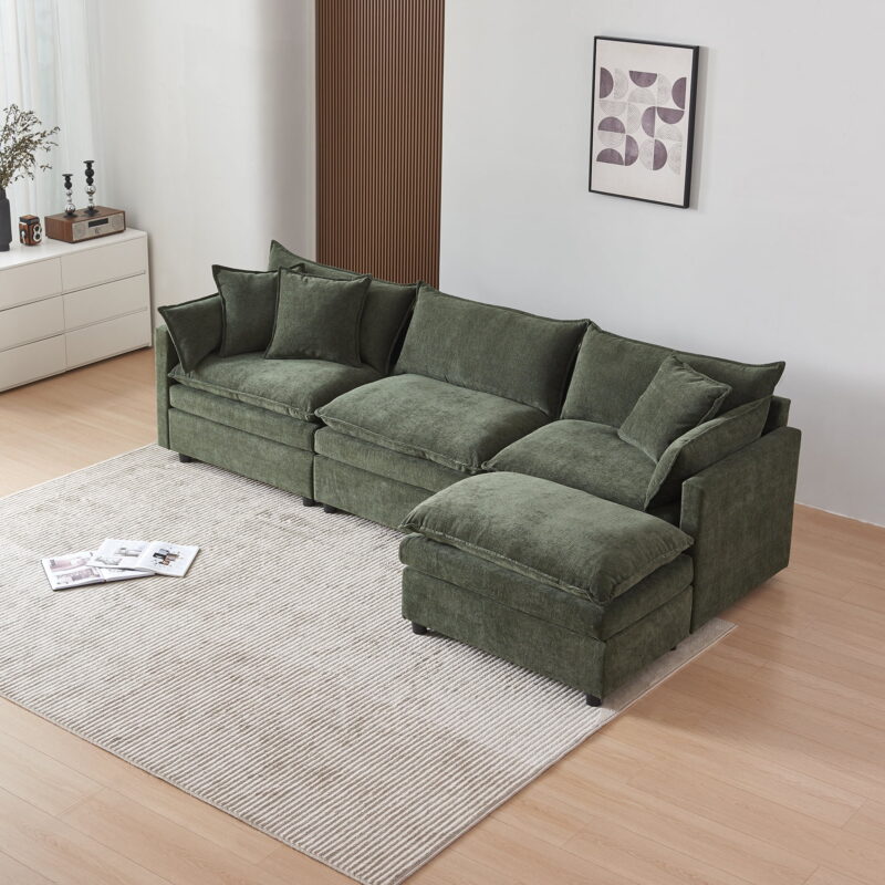 MAYEERTY Modular L-Shaped Sectional Sofa with Ottoman, Chenille Fabric Sofa Couch, Comfy Upholstered Furniture for Living Room，Green - Image 2