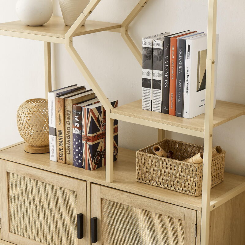 PORKISS 7-Tier Rattan Bookshelf, Wood Tall Bookshelf with Doors and Shelves, Freestanding Bookcase with Storage for Living Room, Home Office, Natural - Image 3