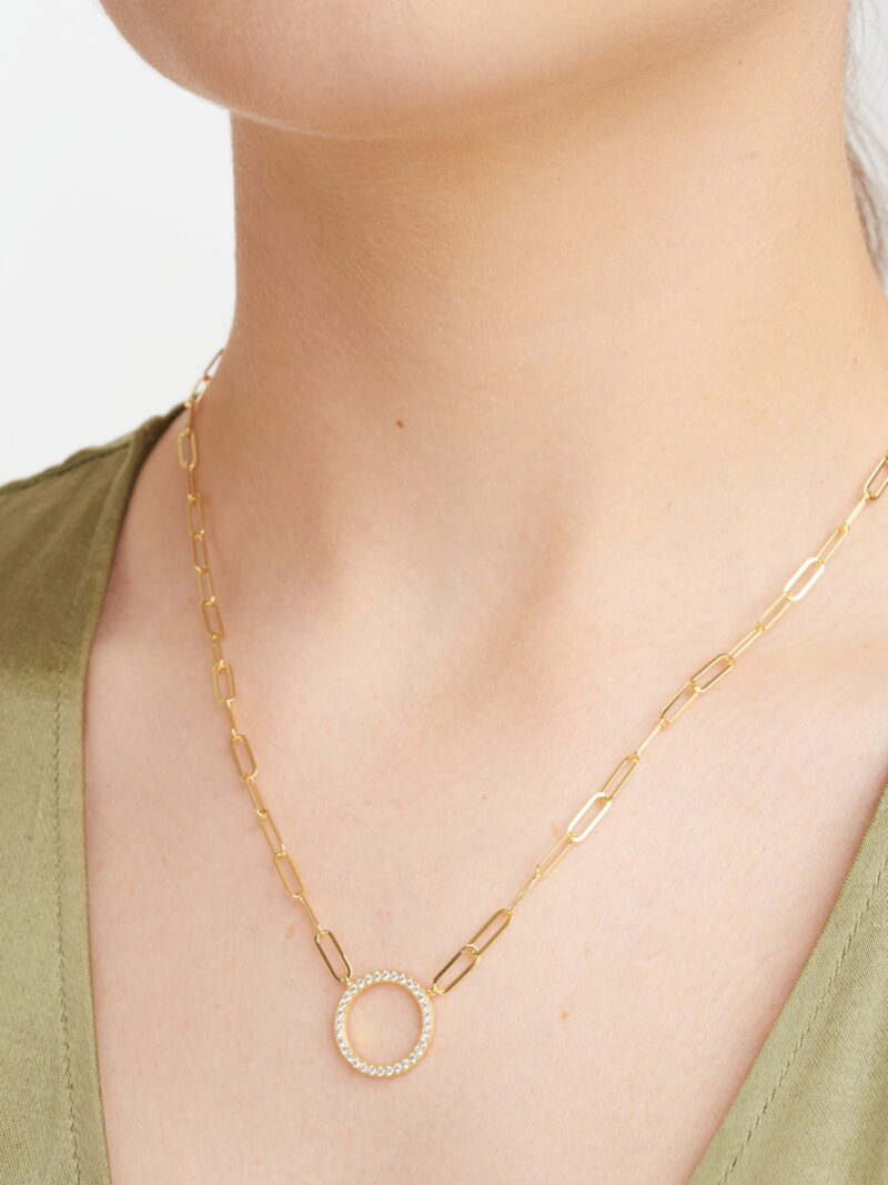 Cubic Zirconia Lined Circle 18K Gold Over Sterling Silver Paperclip Necklace Gift for Her, 18" + 2" Extension - Image 4