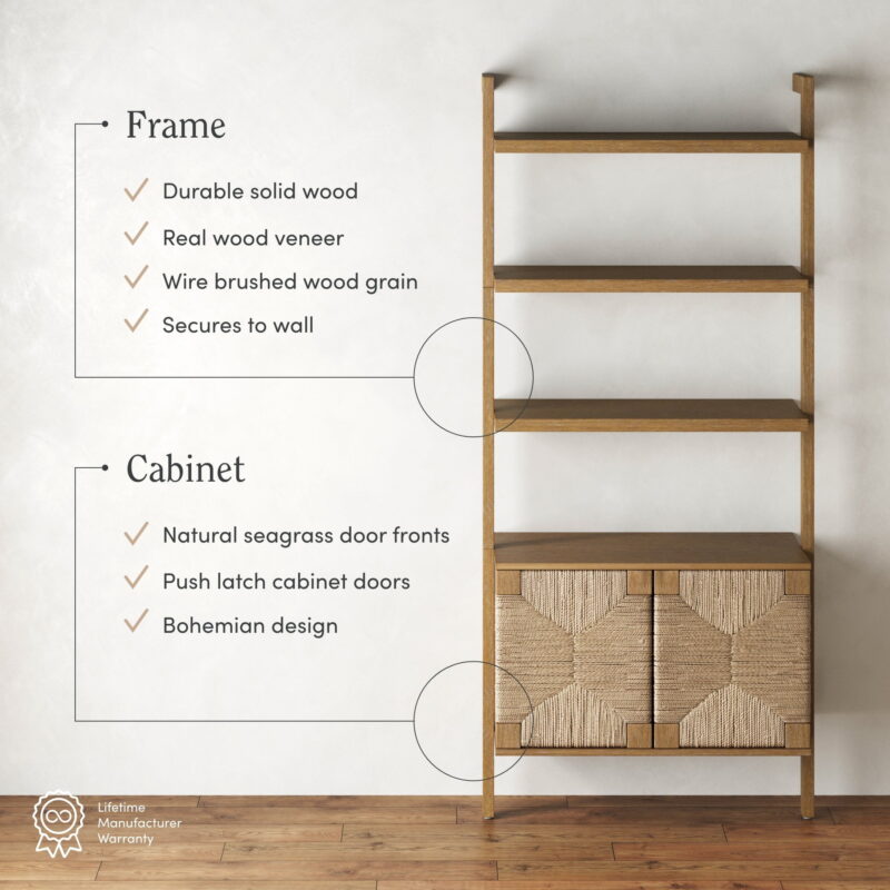Nathan James Beacon 3-Shelf Solid Wood Bookshelf with Storage Cabinet, Bohemian Wall Mounted Shelf with Seagrass Door Fronts - Image 3