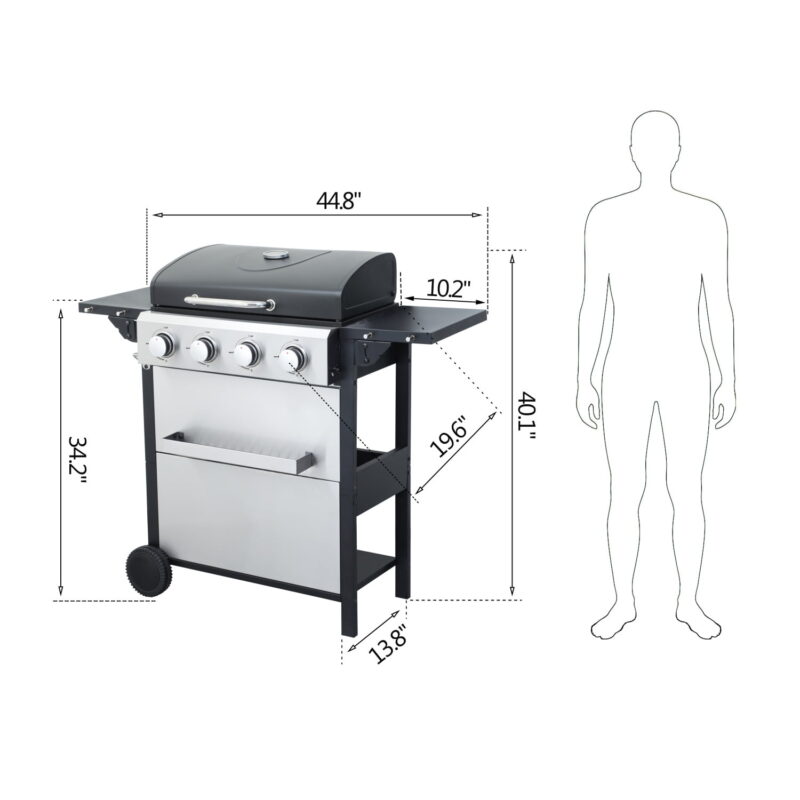 Hommoo 4-Burner Propane Gas BBQ Grill, BBQ Grill with Foldable Side Table and Wire Enamel Cooking Grids, for Outdoor Barbecue - Image 2