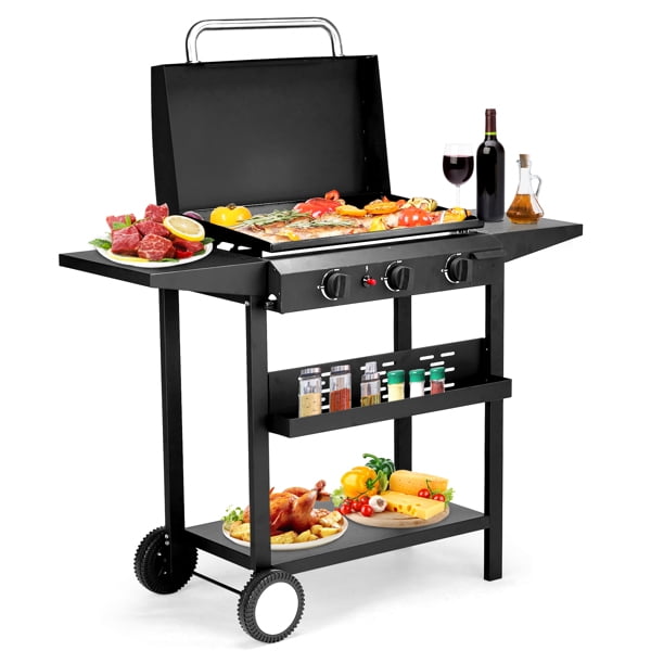 3-Burner Flat Top Gas Griddle Cooking Station, Ceramic-Coated Cast Iron, Restaurant-Quality Surface with Storage & Precision Heat Control