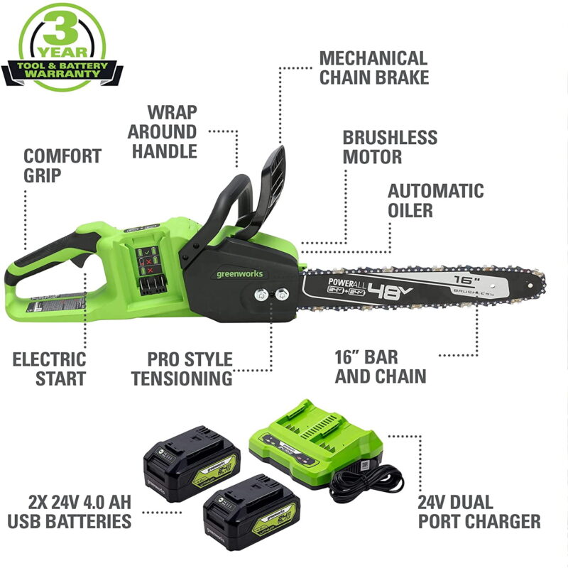 Greenworks 48V (2x24V) 16" Brushless Chainsaw + (2) 4Ah USB Batteries & Dual Port Charger 2018002 - Image 2
