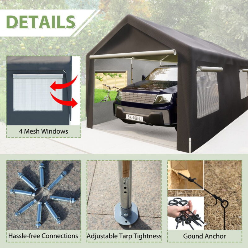 10x20 Heavy Duty Steel Canopy Tent with Roll-up Ventilated Windows, Garage Carport with Removable Sidewall & Doors, Gray - Image 3