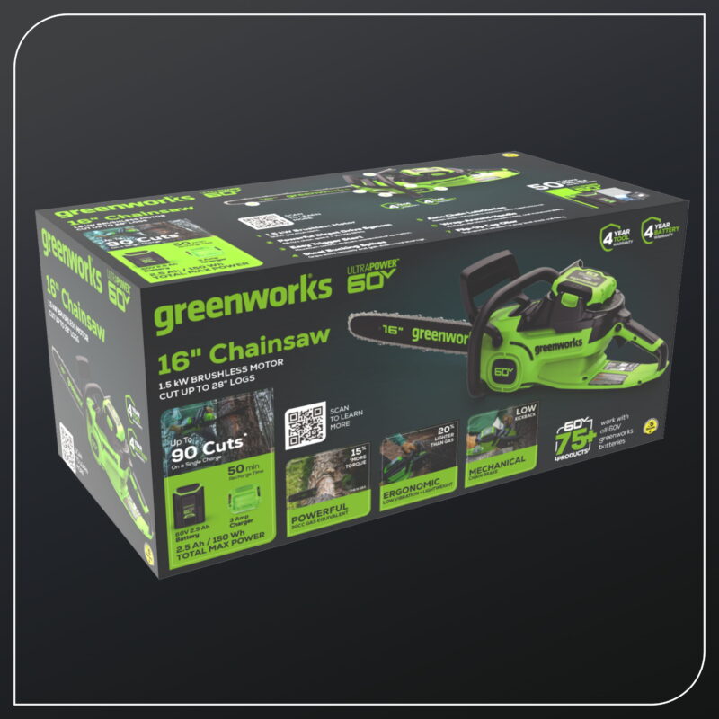 Greenworks 60V 16" 1.5kW Brushless Chainsaw with 2.5 Ah Battery & 3 Amp Charger 2028602 - Image 3