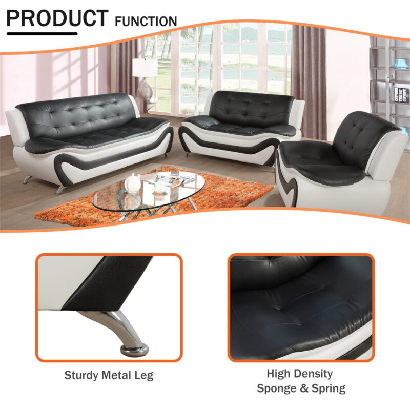 Aukfa 3 Piece Sofa Set - 76.5" Upholstered 3 Seat Sofa Couch for Living Room, Leather, Black&White - Image 3