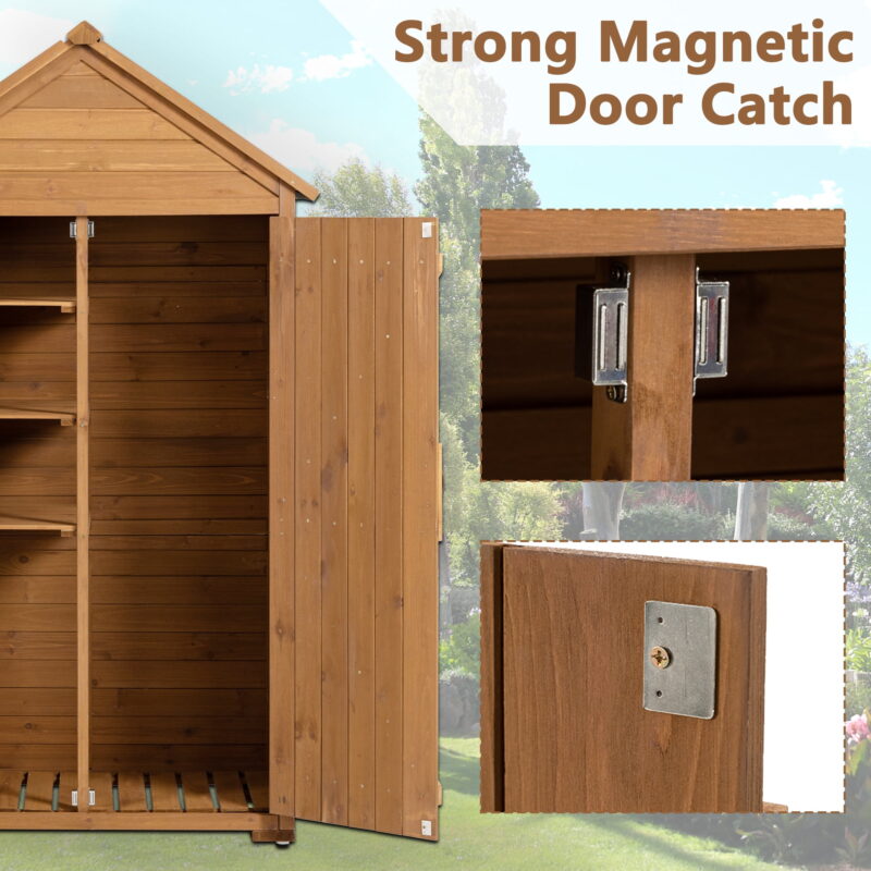 DEALTOPS Outdoor Storage Shed Wooden Garden Tool Storage Cabinet With Shelves,Garden Lawn Backyard Storage Sheds-Brown - Image 3