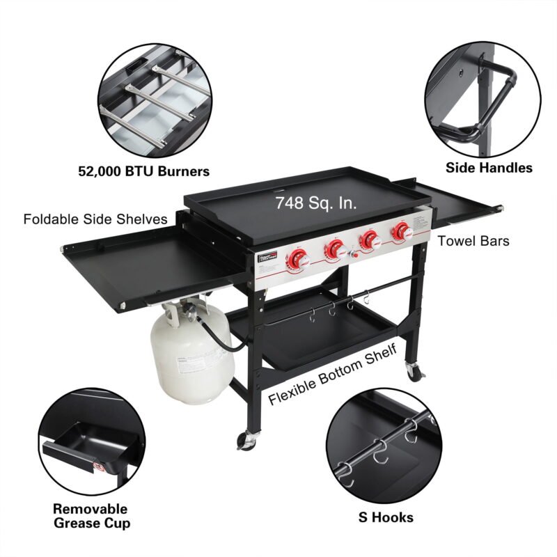 Royal Gourmet GB4000F 36" Flat Top Gas Griddle, 4-Burner BBQ Grill Griddle with Top Cover Lid, Folding Side Shelves and Legs for Large Outdoor Camping, Black - Image 6