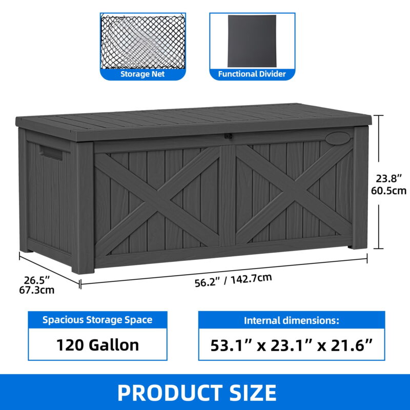 Uforic 120 Gallon Large Outdoor Deck Box, Outdoor Resin Storage Boxes  with X-Shaped Front ,Waterproof & Lockable,Dark Gray - Image 4