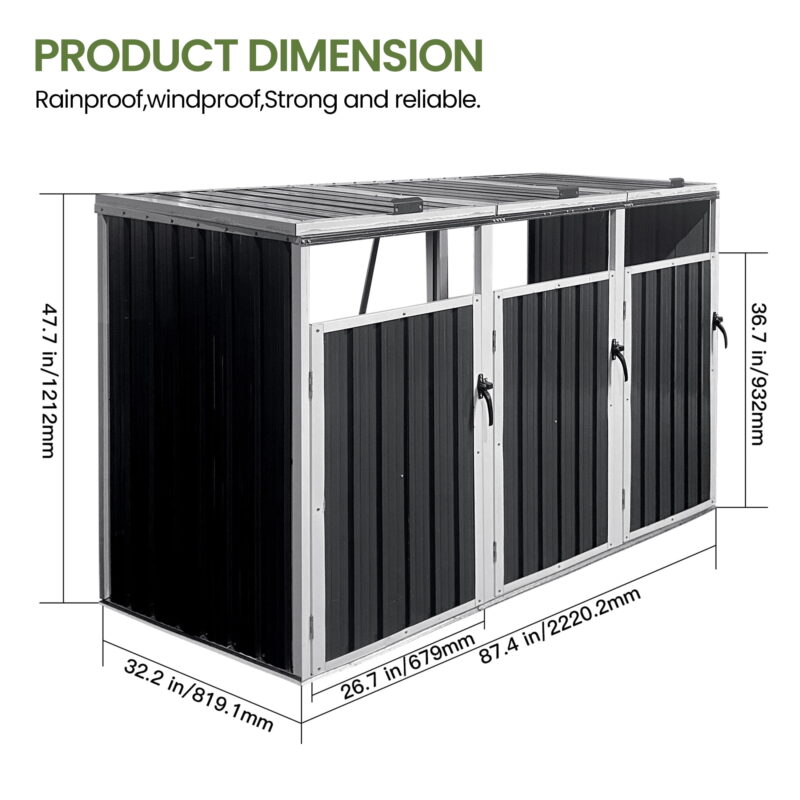 Aukfa 7.3' W Outdoor Garbage Bin Storage, Metal Storage Shed for 3 Trash Cans Tools, Waterproof Trash Can Storage - Image 2