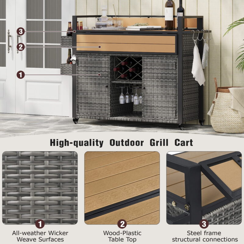 AENKYO Outdoor Grill Cart with Drop Leaf, Cabinets, Spice Racks, and Wheels, All-Weather Wicker BBQ Prep Table for Patio or Kitchen, Gray - Image 4