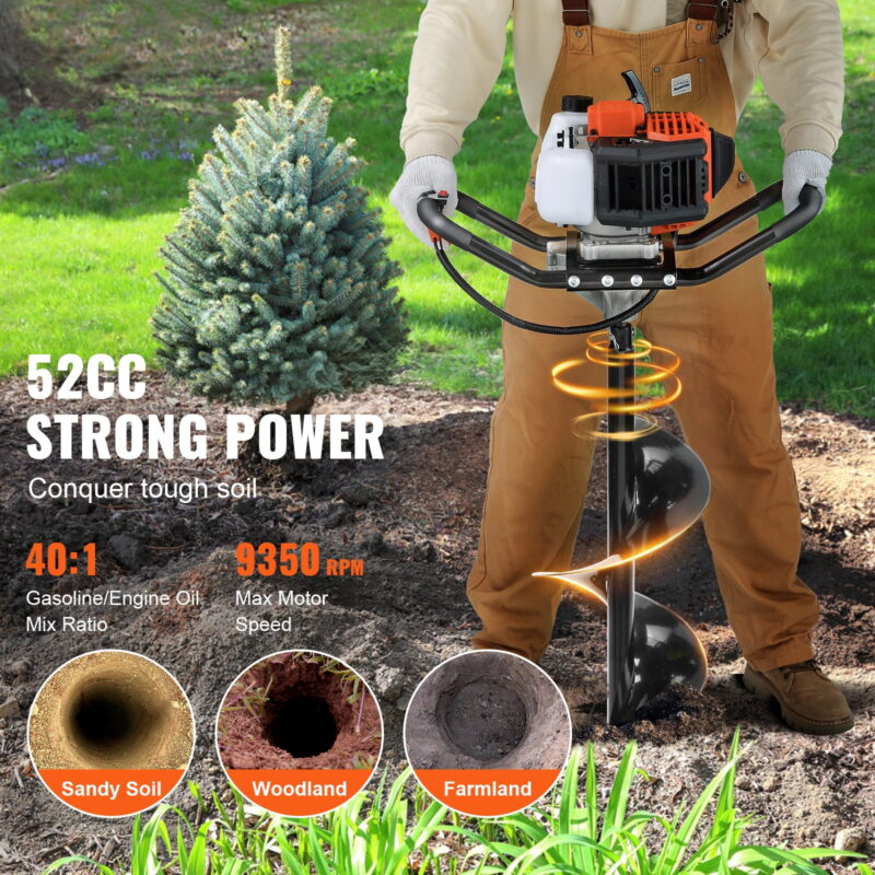 KFFKFF Post Hole Digger 52cc Gas Powered Earth Digger 2 Auger Drill Bit 6" & 10" - Image 2