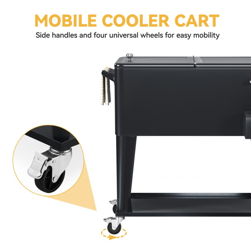 Uforic 80 Quart Rolling Ice Chest Cooler Cart, Outdoor Portable Beverage Cart, with Handles, Bottle Opener & Drain, Black - Image 6