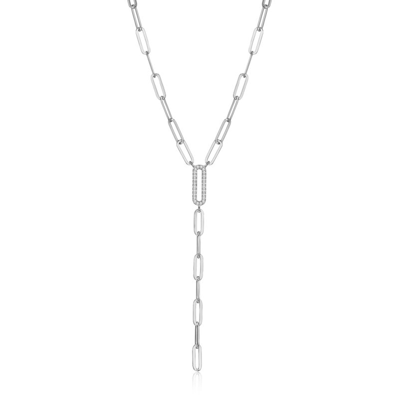 Forever Facets CZ Paperclip Lariat Necklace Hand Set in Sterling Silver, 18" + 2" Extension - Image 2