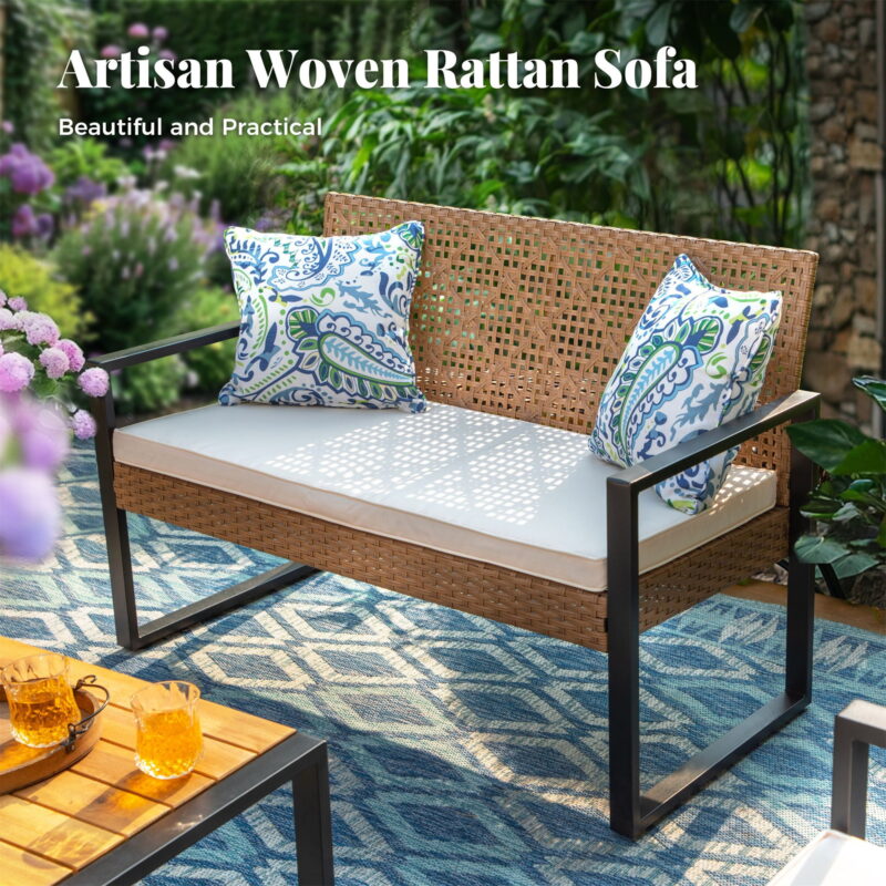MF Studio 4-Piece All-Weather Rattan Patio Furniture Set, Outdoor Conversation Set with Wood Table, Brown and Beige - Image 4