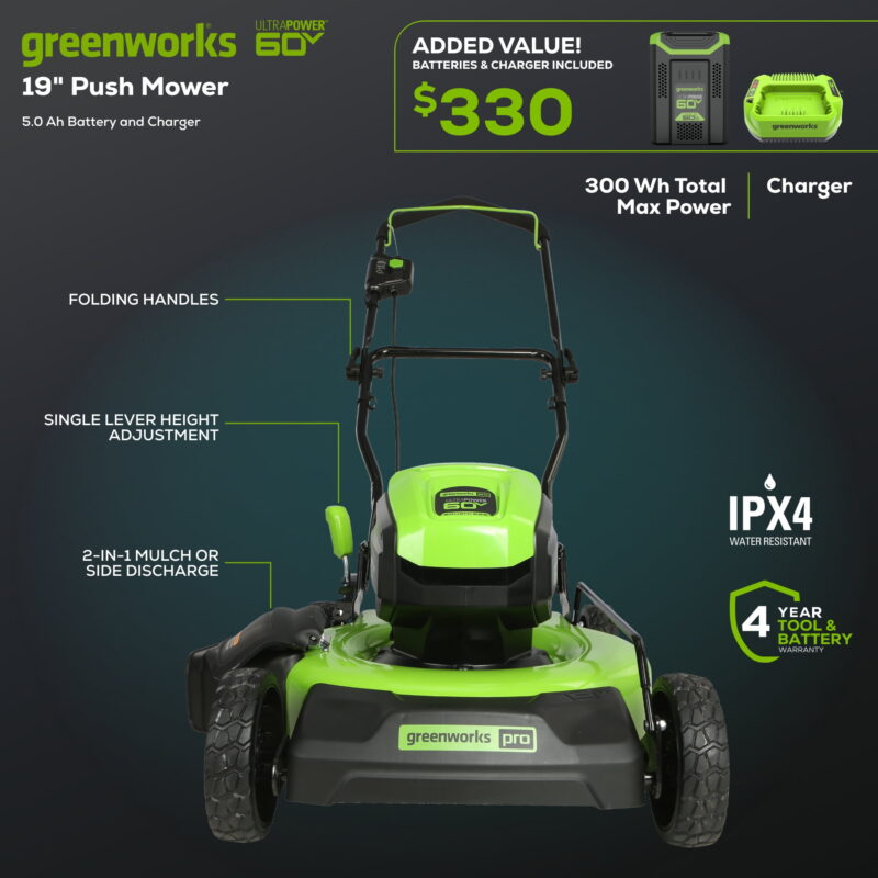 Greenworks 60V 19" Cordless Battery Push Lawn Mower with 5.0Ah Battery & Charger 2531802 - Image 2