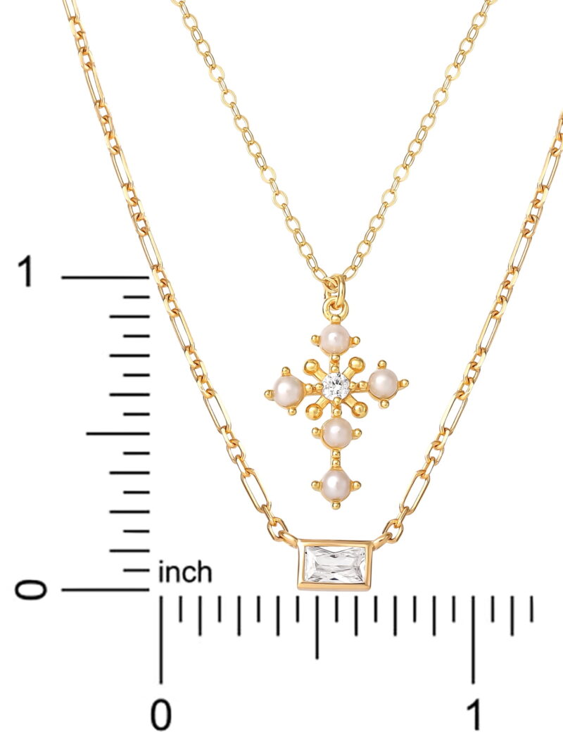JS Jessica Simpson Gold Plated Sterling Silver CZ and Pearl Cross Layering Necklace Set - Image 4