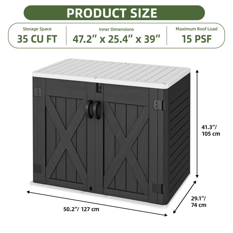 Uforic Outdoor Horizontal Storage Shed with X-Shaped Lockable Door, 35 Cu Ft Weather Resistant Resin Tool Shed, Dark Gray - Image 3