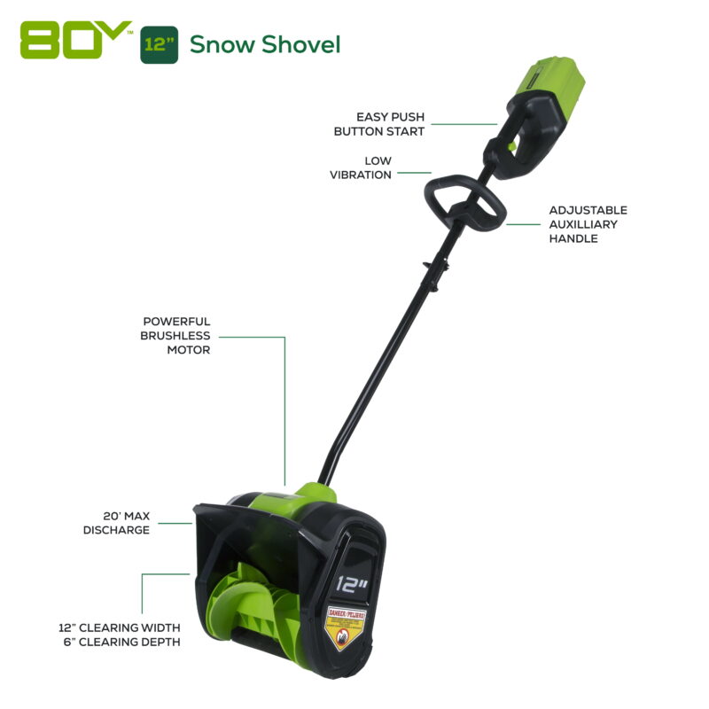 Greenworks 80V 12" Cordless Brushless Snow Shovel with 2.0 Ah Battery 2600602 - Image 2