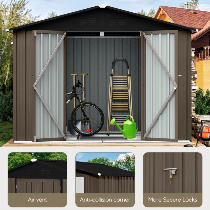 Aukfa 8FT x 6FT Outdoor Storage Shed, Metal Garden Shed with Vents, Tool Shed with Door and Padlock for Backyards, Patio Lawns, Brown - Image 6