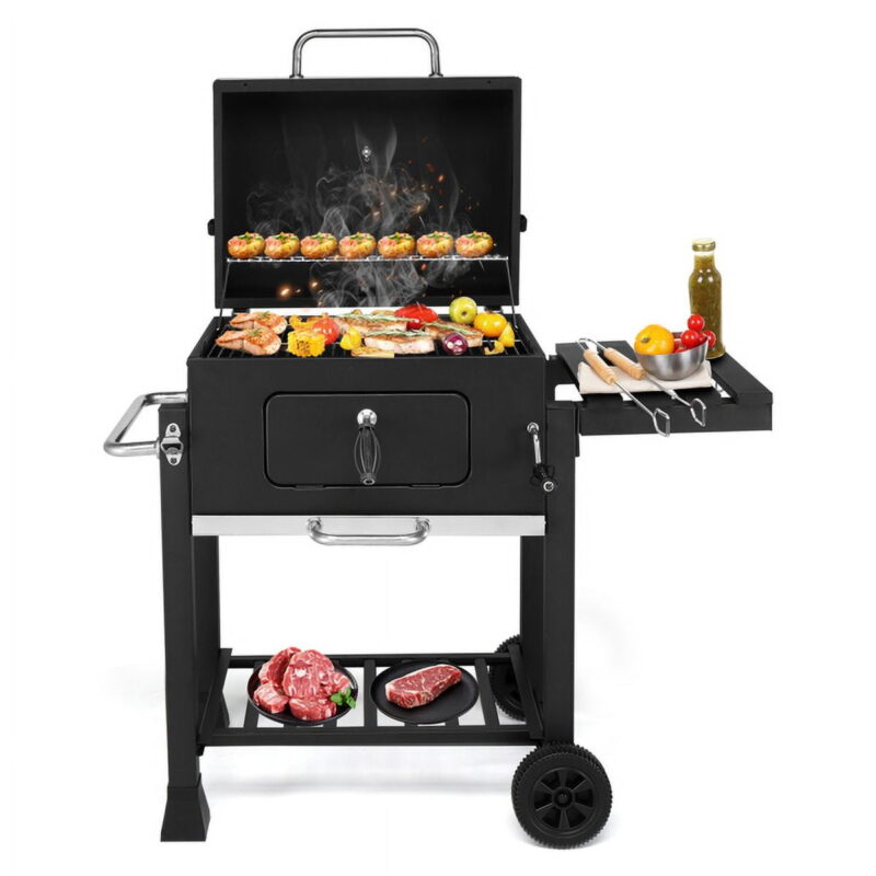 Heavy-Duty Charcoal Grill - Spacious Cooking Area, Height-Adjustable Charcoal Pan, Foldable Side Table & Wheels, for Backyard/Gatherings - Image 7