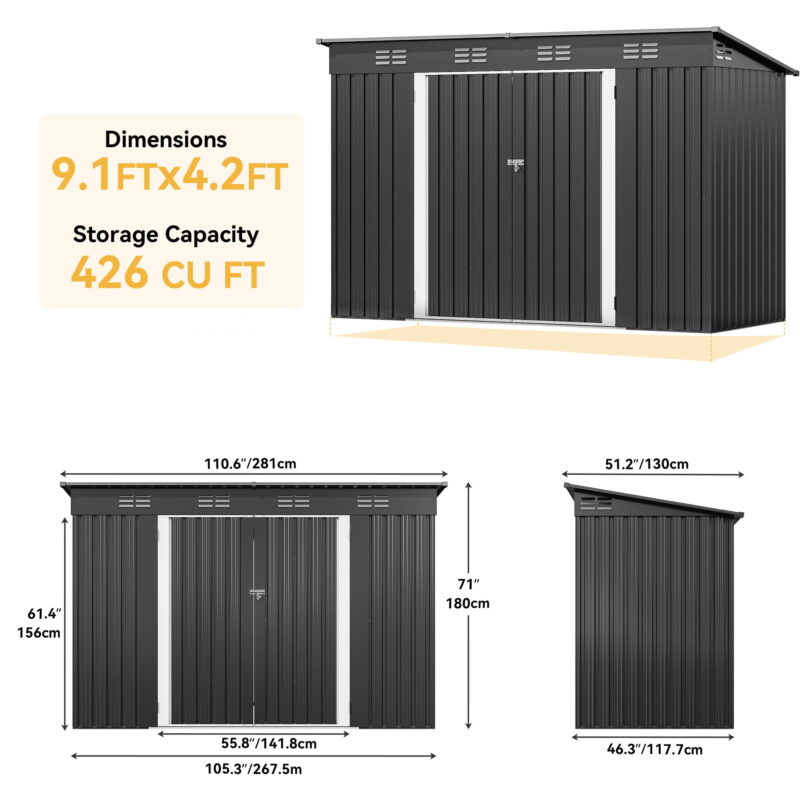 Uforic 9.1' x 4.2' Outdoor Storage Shed, Large Metal Tool Sheds, Heavy Duty Storage House with Lockable Doors & Air Vent - Image 5
