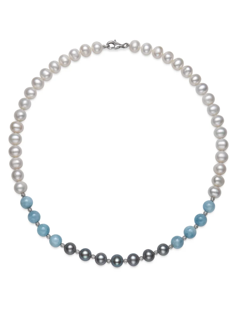 Freshwater Pearl, Milky Aqua and Silver Bead Necklace - Image 2