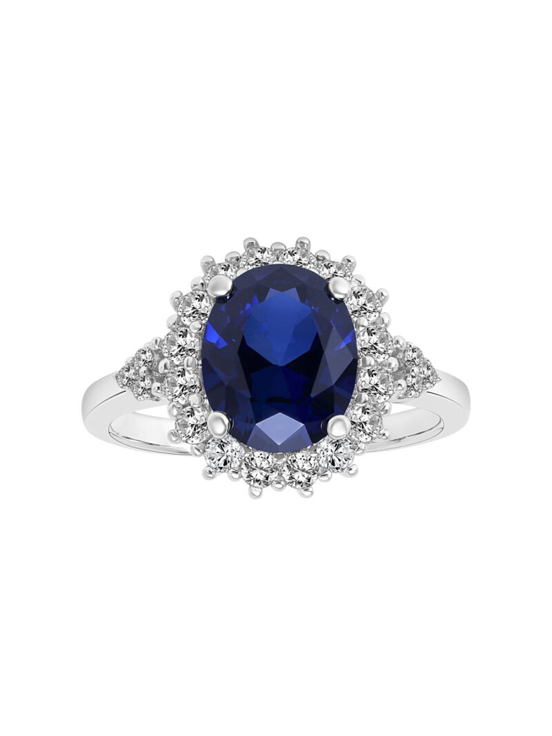 4 1/10 Carat T.G.W Created Blue & White Sapphire and Diamond-Accent Halo Sterling Silver "Indigo Gem" Engagement Ring
