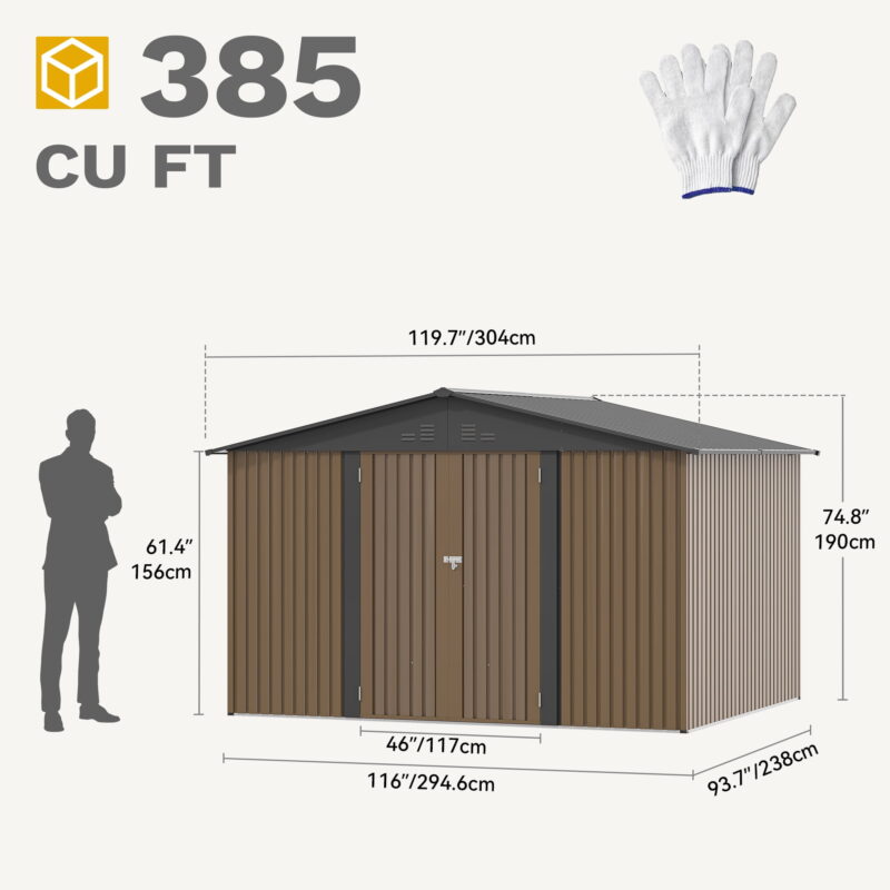 Uforic Large 10x8ft Outdoor Storage Shed Metal with Lockable Doors & Vents Brown Storage for Garden Tools, Lawn Equipment, Bikes - Image 2