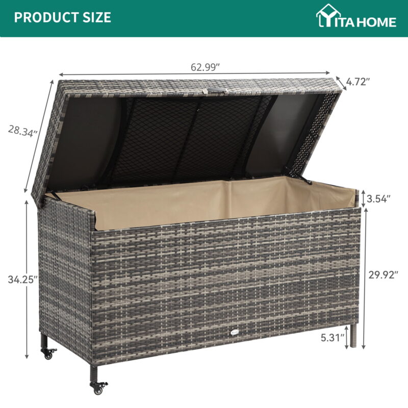Uforic 200 Gallon Outdoor Wicker Storage Box, Extra Large Rattan Deck Box,Waterproof Patio Storage Box w/Storage Net,Grey - Image 3