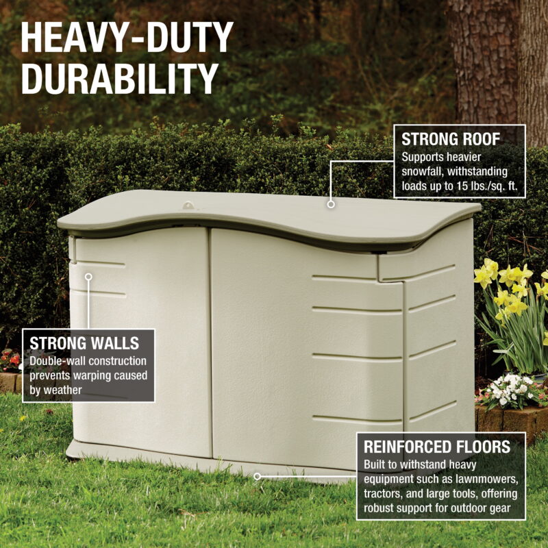 Rubbermaid Horizontal Storage Shed, Olive & Sandstone 58.5"L x 35.8"W x 11.8"H  49.7lbs - Image 5