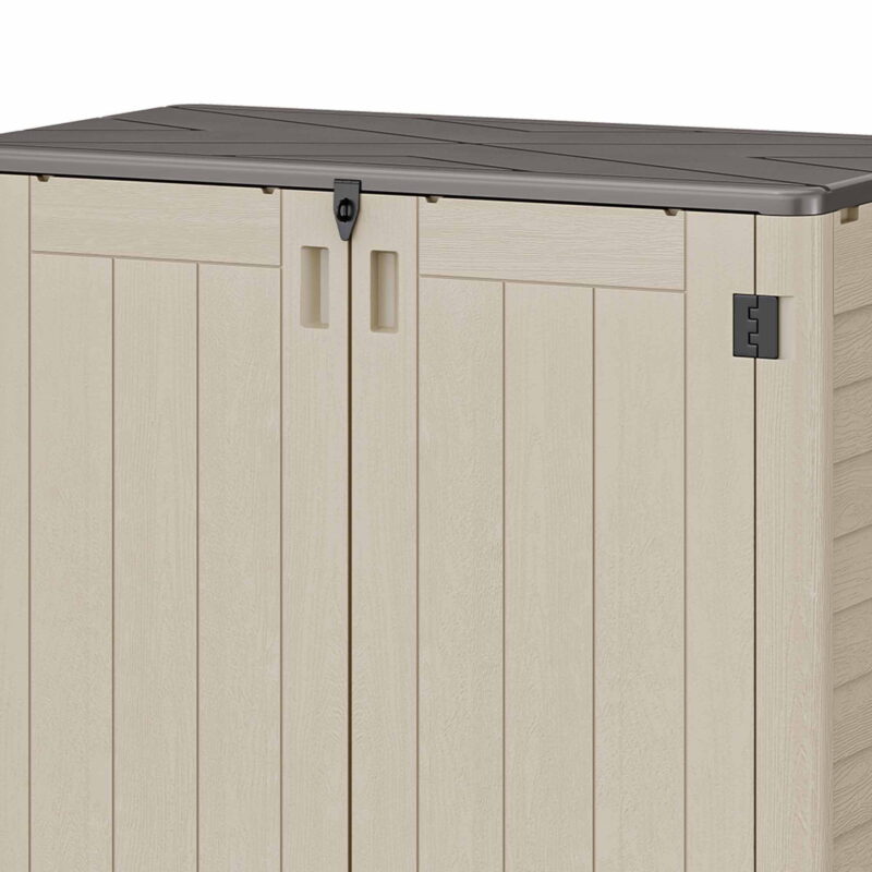 Uforic Vertical Resin Outdoor Storage, 50 cubic feet w/ Shelving for Garden Garage Poolside, Locking Capability, (Khaki & Brown) - Image 2
