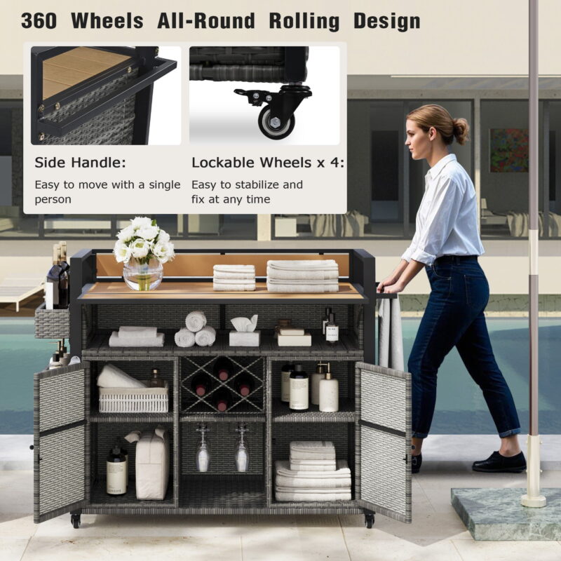 AENKYO Outdoor Grill Cart with Drop Leaf, Cabinets, Spice Racks, and Wheels, All-Weather Wicker BBQ Prep Table for Patio or Kitchen, Gray - Image 7