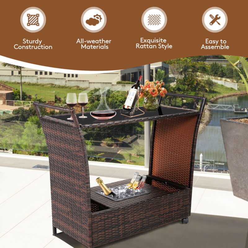 Gymax Rattan Patio Bar Cart Beverage Bar Counter Table w/ Wheels & Ice Bucket - Image 5