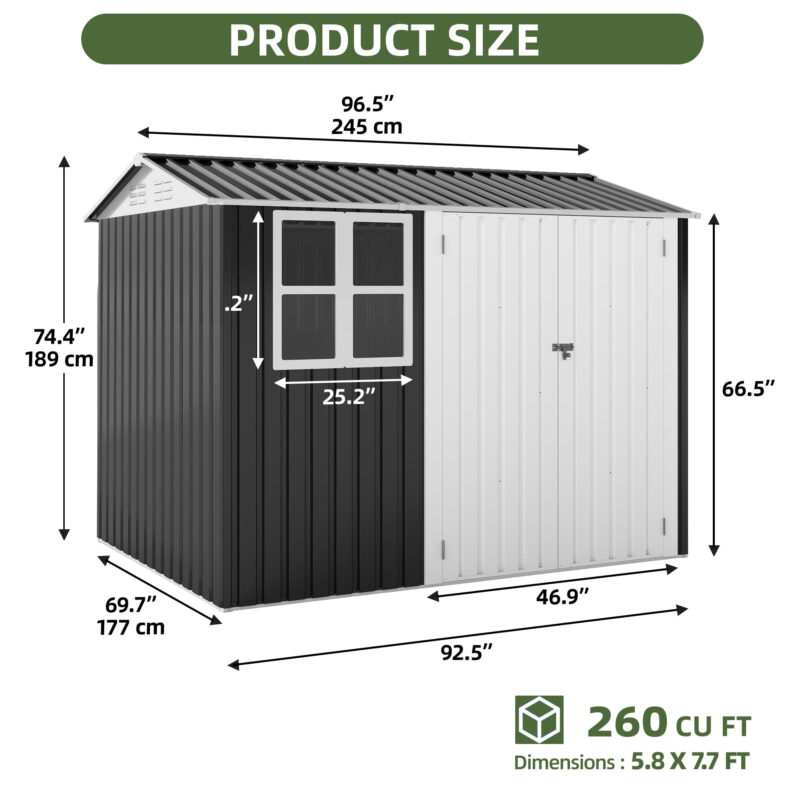 Uforic 8x6ft Outdoor Storage Shed with Windows & Secure Lockable Doors and Sloped Roof Large Steel Shed for Patio, Garage, Lawn - Image 2
