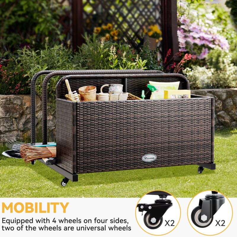 Uforic Outdoor Wicker Patio Poolside Float Storage Basket, PE Rattan Outdoor Pool Caddy with Rolling Wheels,Brown - Image 2