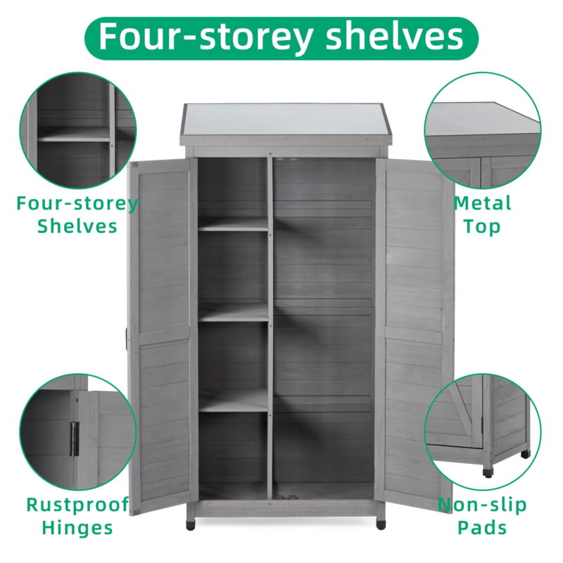 Outdoor Storage Cabinet and Metal Top,Garden Storage Shed,Outdoor 68 Inches Wood Tall Shed for Yard and Patio - Image 2