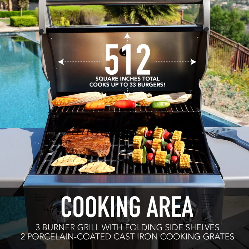 Permasteel 3-Burner Gas Grill, Compact Propane Grill, Outdoor BBQ, Foldable Side Tables, Azure Blue - Image 3